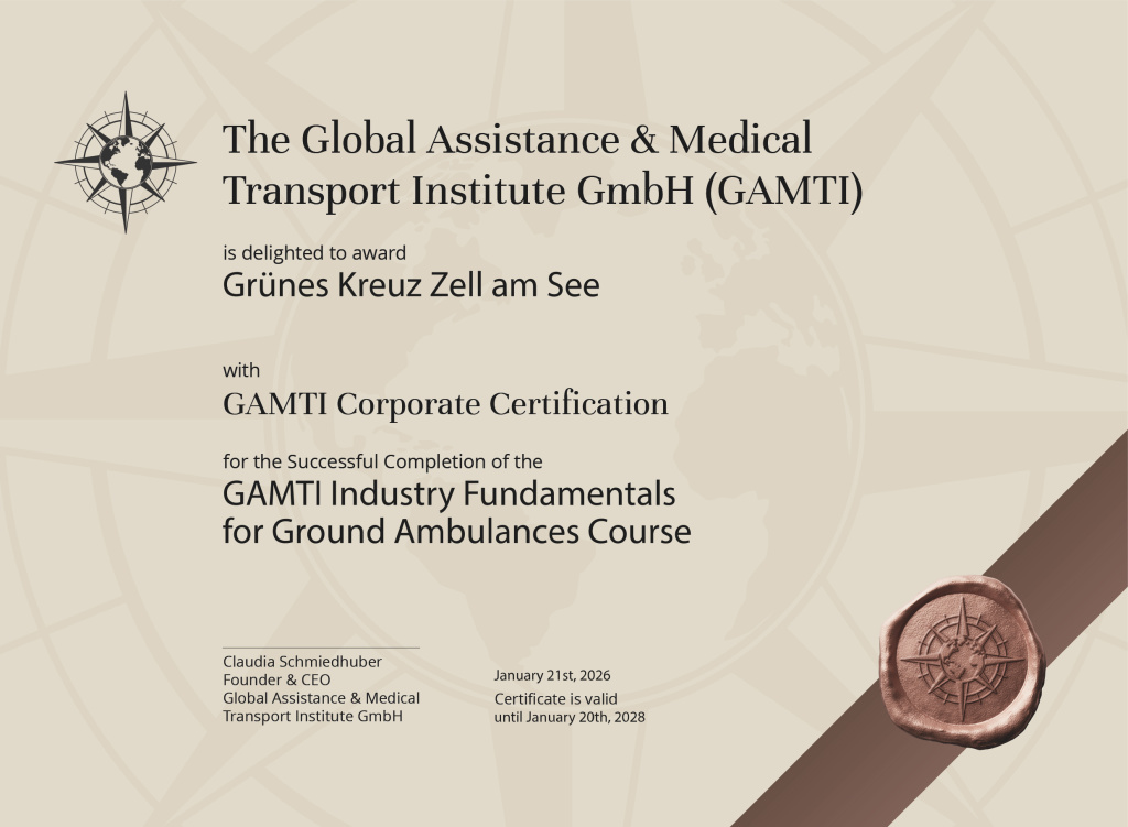 GAMTI-certifikat for Grünes Kreuz Zell am See til Ground Ambulances Course